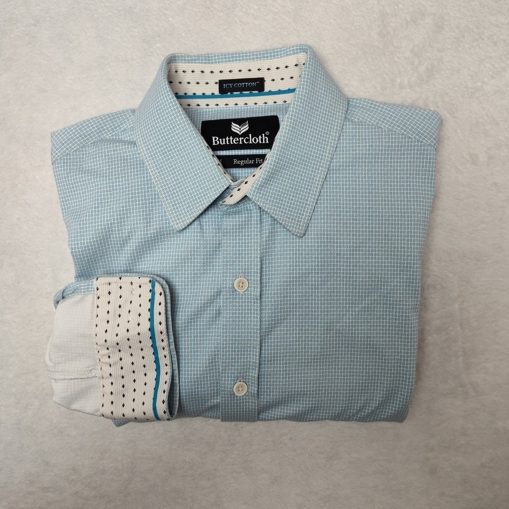 Buttercloth Dress Shirt Mens Medium Blue Geometric Icy Stretch Regular Fit Work